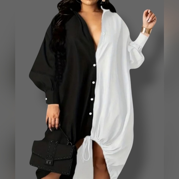 🛑BOGO FREE 🆕Chic Collared Drawstring Hem Shirt Dress - Picture 3 of 11